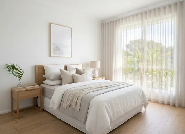 Styled display home bedroom with furniture placed by Legendz Removals