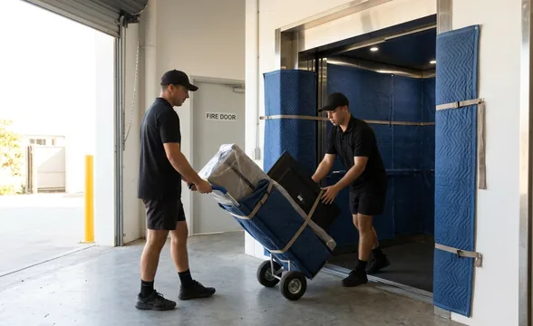 Legendz removalists wheeling a padded trolley into an apartment service lift