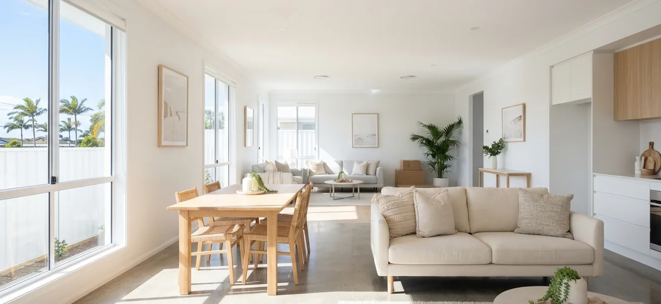 Finished display home living and dining area furnished by Legendz Removals